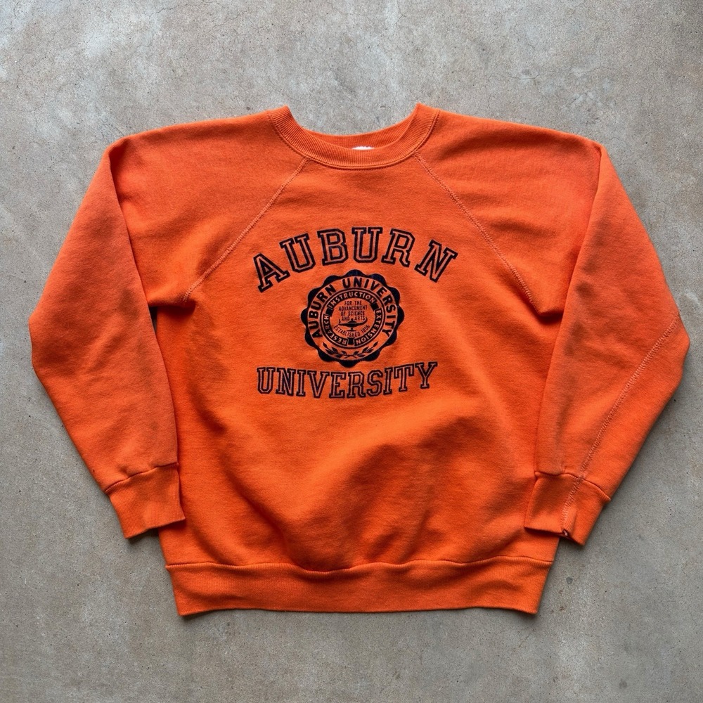 VTG Auburn University Sweatshirt Size M 80s Pullover Crewneck Orange Flock Print